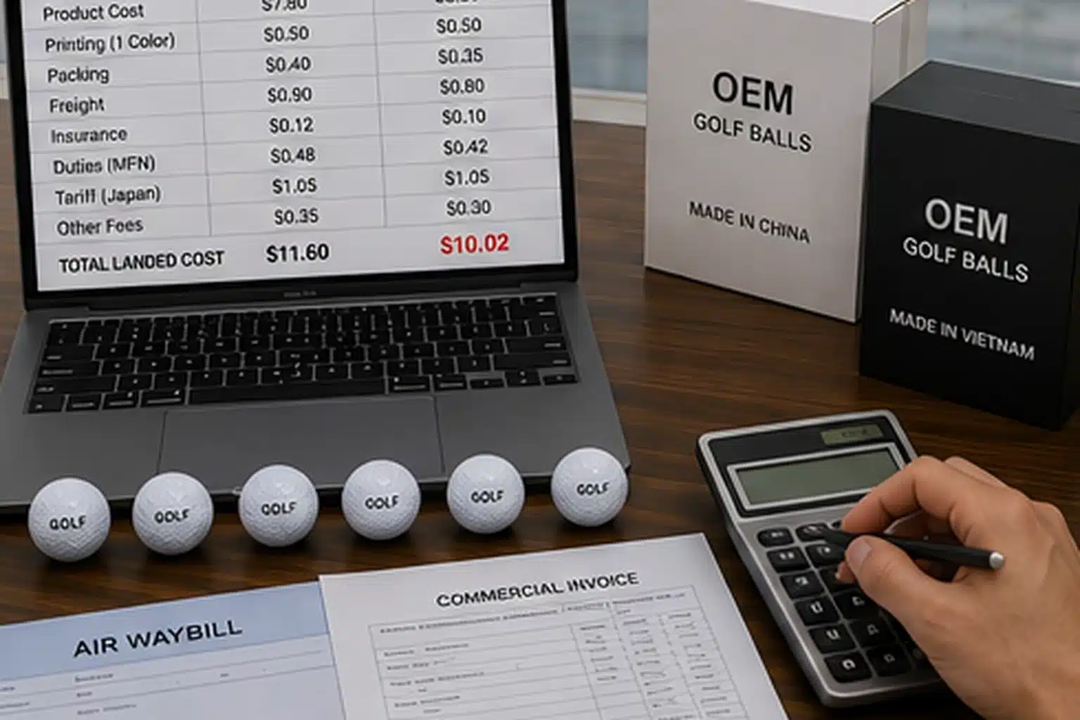 OEMゴルフボールの輸入総コスト比較 中国製とベトナム製のOEMゴルフボールについて、商品代・印刷費・梱包費・運賃・関税を含む日本向け輸入総コストを見積書と電卓で比較する調達業務