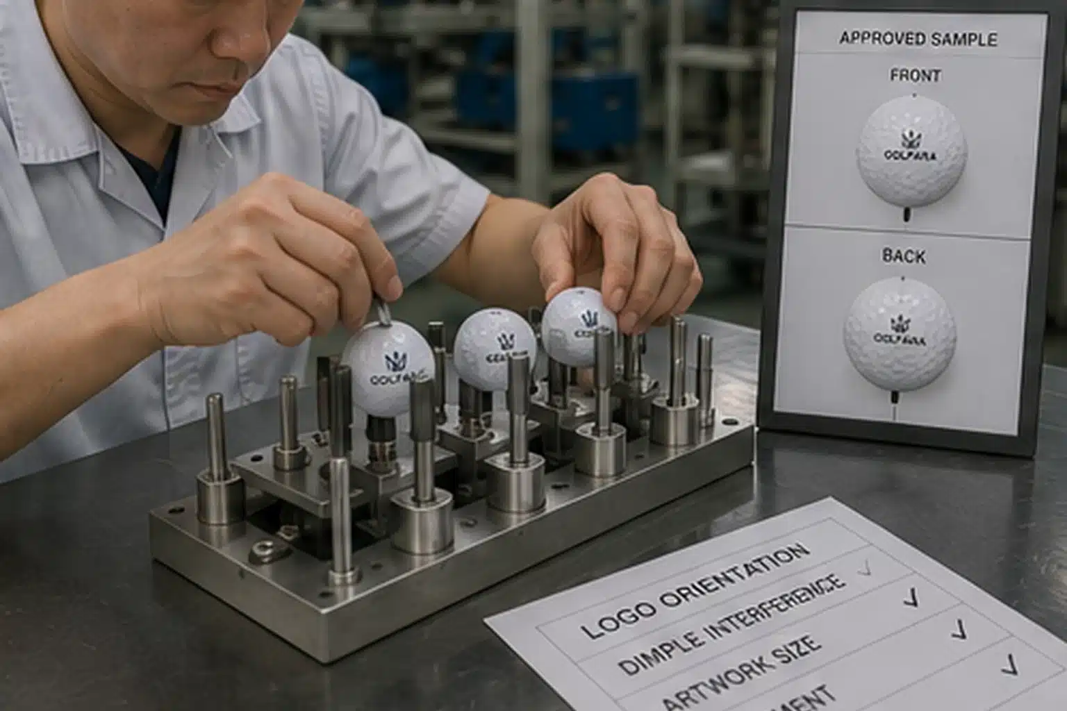 OEMゴルフボールのロゴ位置・向き検査 工場の検査工程で技術者が専用治具を使ってOEMゴルフボールの表裏ロゴ位置と向きを承認サンプルに照合し、ディンプル干渉や印刷サイズを確認する量産前検査