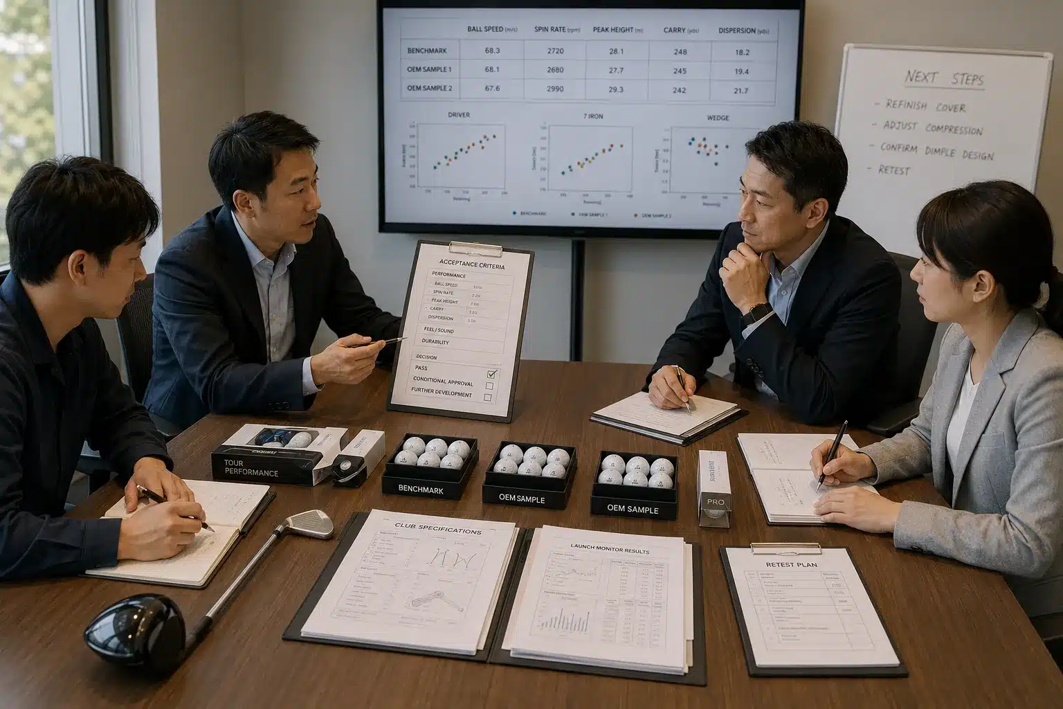 OEMゴルフボールの性能判定と再試験計画 会議室で開発担当者が基準球とOEMゴルフボールの初速・スピン量・最高到達点・キャリー・左右ばらつきを比較し、合否判定と再試験に向けた改良項目を協議する性能評価会議