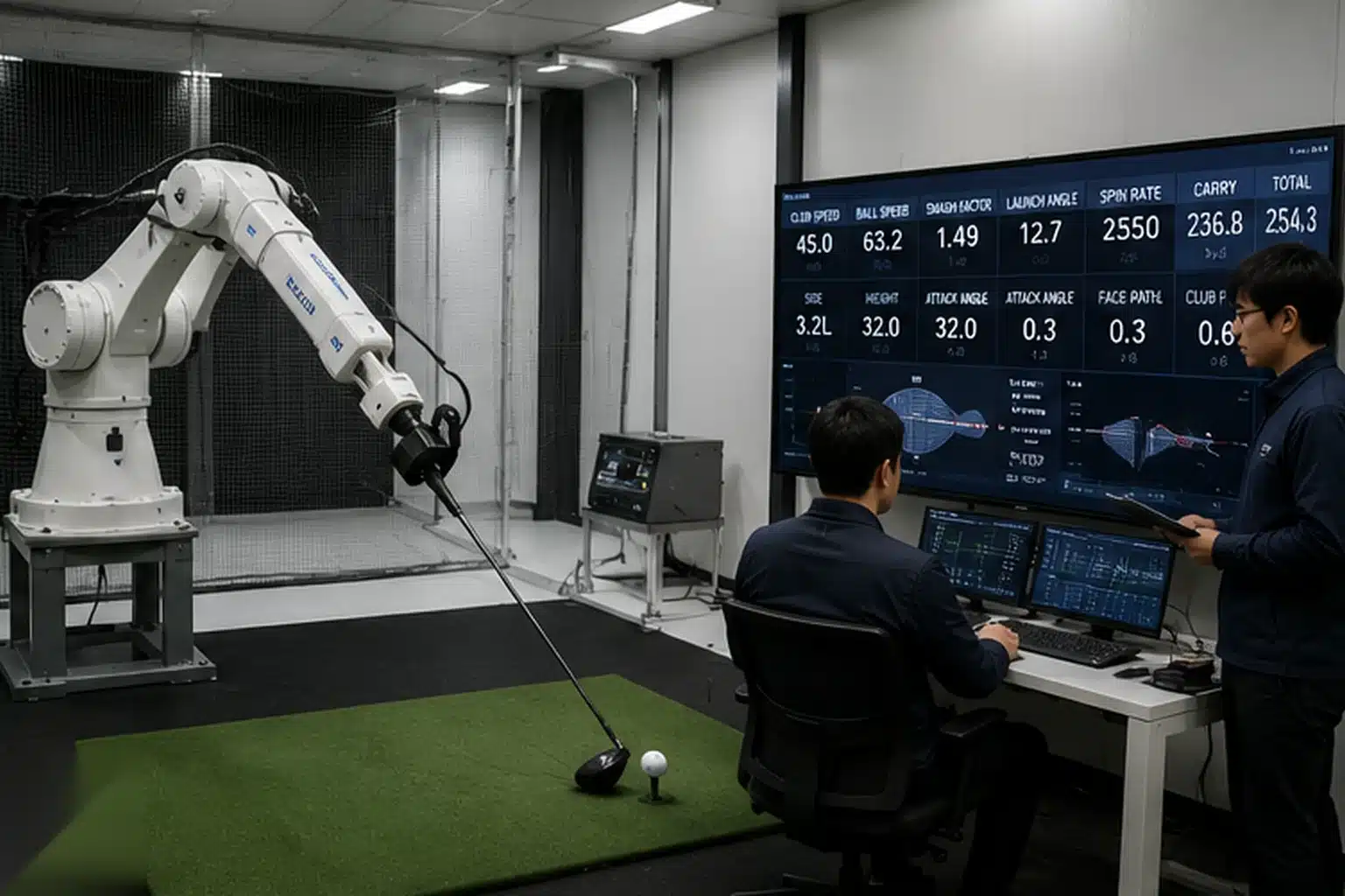 OEMゴルフボールのロボット打撃性能試験 試験施設で打撃ロボットがOEMゴルフボールを一定条件で打球し、技術者が初速・打出角・スピン量・キャリーを弾道測定器で記録する再現性評価試験