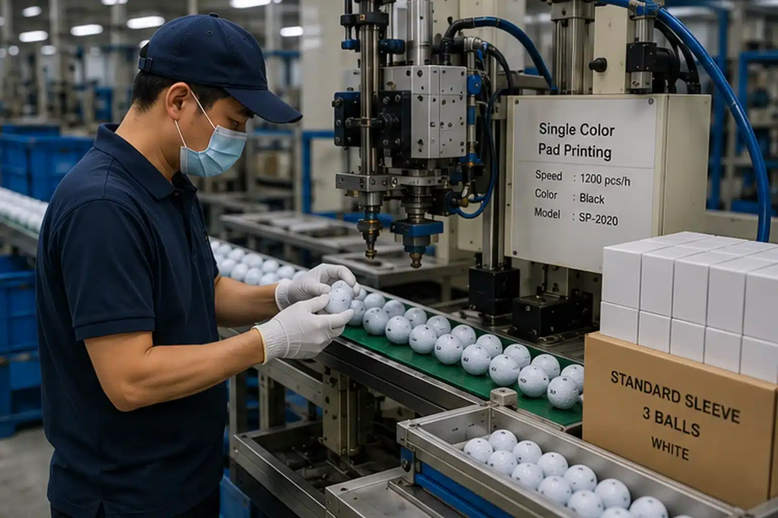OEMゴルフボールの単色ロゴ印刷検査工程 工場のコンベヤーで単色ロゴ印刷後のOEMゴルフボールを作業員が目視検査し、印刷位置や濃度、表面の仕上がりを出荷前に確認する法人向け製品の品質管理工程