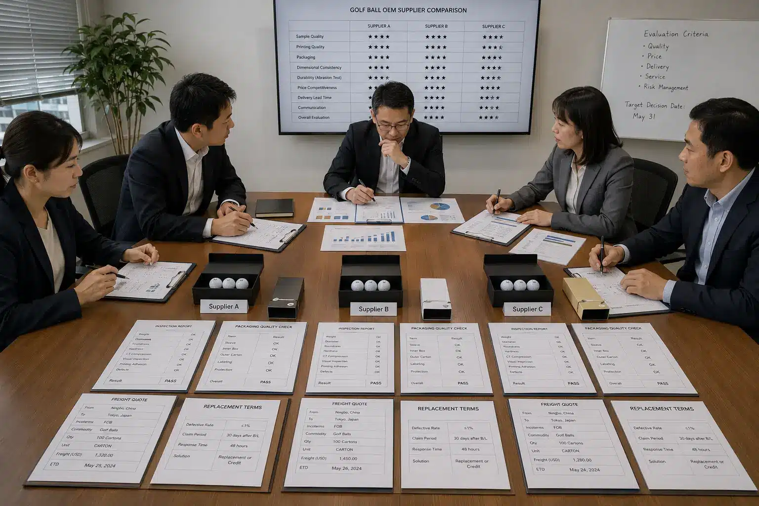 OEMゴルフボールの仕入先評価・選定会議 会議室で調達チームが複数社のOEMゴルフボールサンプルと検査報告書、包装品質、輸送費、交換条件を比較し、品質・価格・納期・対応力を基準に仕入先を選定する会議