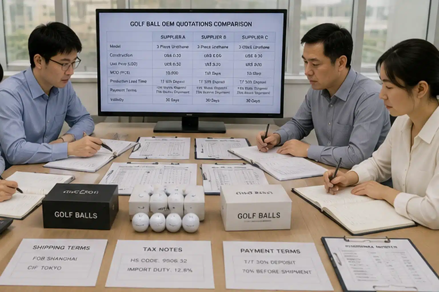OEMゴルフボールの仕入先見積・条件比較 会議室で調達担当者が複数社のOEMゴルフボール見積書を比較し、製品仕様・単価・最小発注数量・納期・支払条件・輸送条件を確認して仕入先を選定する商談