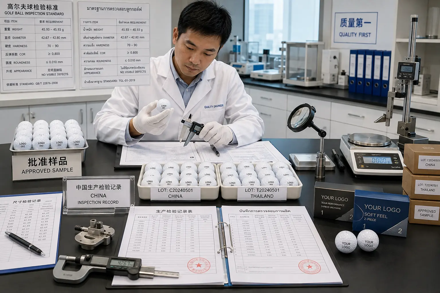 中国・タイ製OEMゴルフボールの品質比較検査 品質検査室で担当者が中国製とタイ製のOEMゴルフボールを承認サンプルと照合し、重量・直径・真円度・外観を測定して生産ロットの品質を比較確認する工程