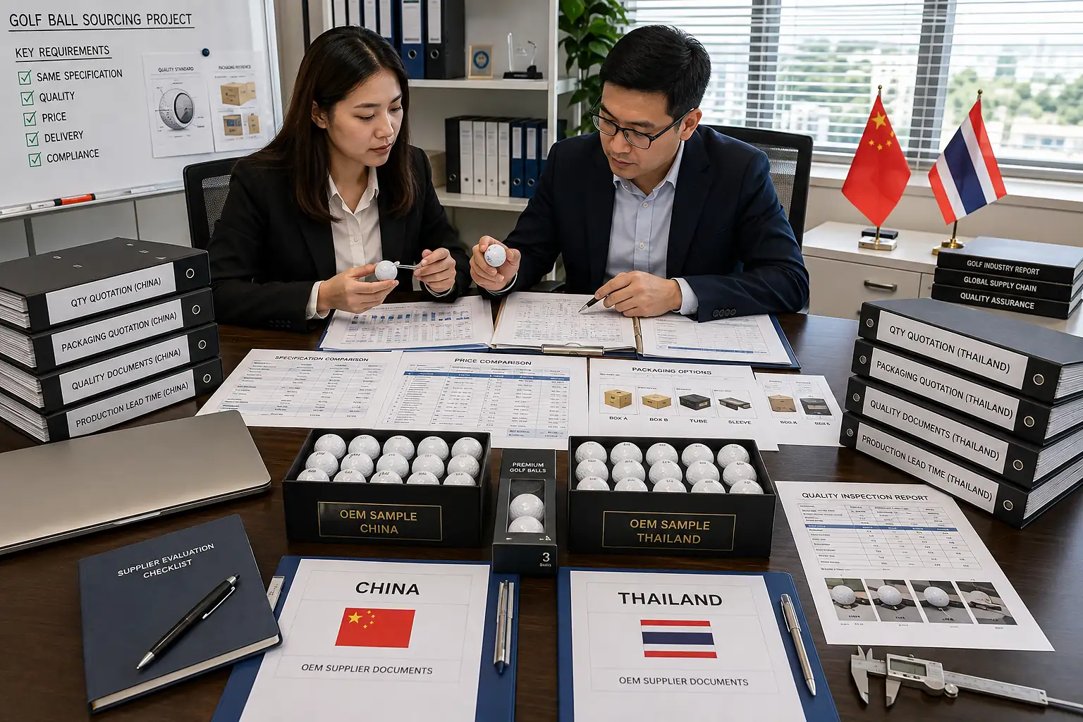 中国・タイ製OEMゴルフボールの仕入れ先比較 オフィスで調達担当者が中国製とタイ製のOEMゴルフボールサンプルを手に取り、仕様・品質・価格・納期・包装資料を照合して仕入れ先を比較検討する商談工程
