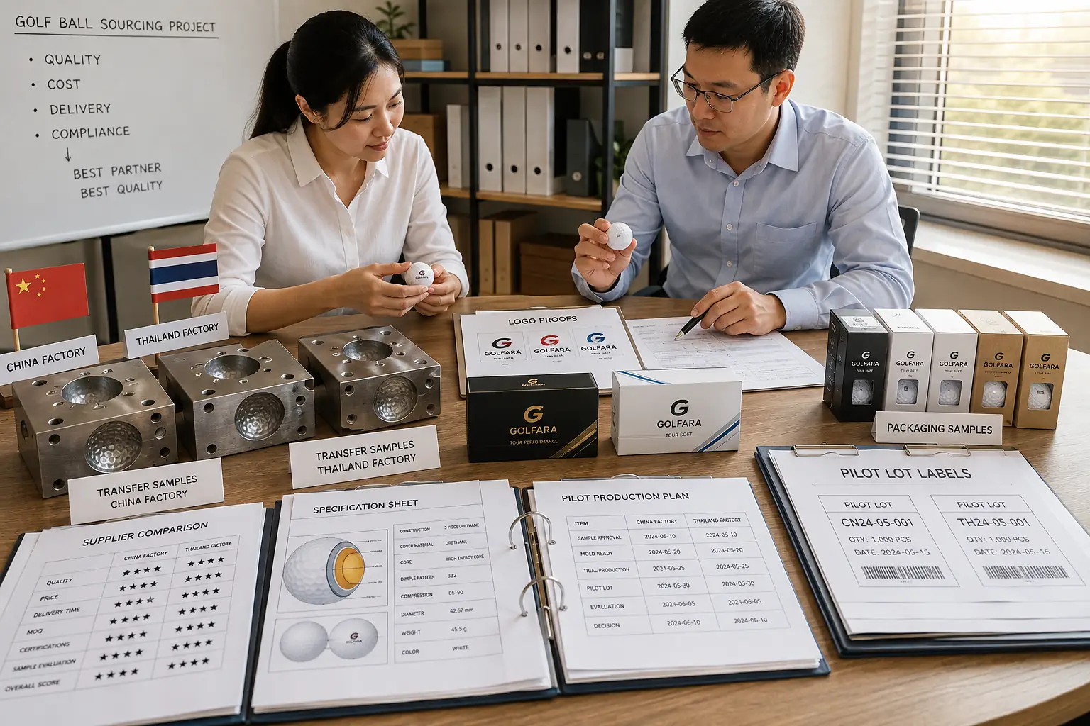 中国・タイ工場のOEMゴルフボール調達比較 オフィスで調達担当者が中国工場とタイ工場のOEMゴルフボール試作サンプル、ロゴ校正、包装仕様、パイロット生産計画を照合し、品質・価格・納期を比較して仕入れ先を選定する打ち合わせ