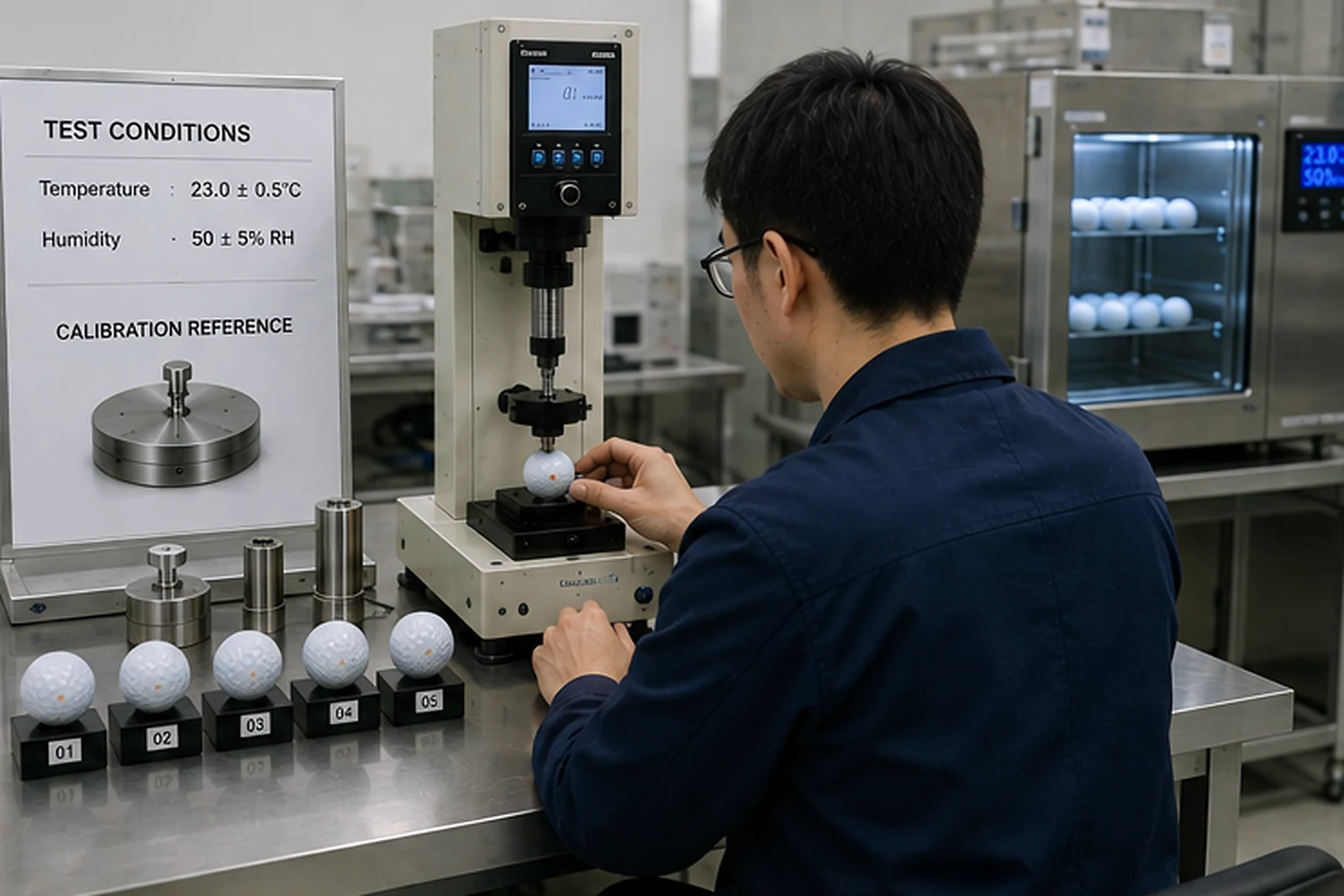 ゴルフボールの圧縮測定・校正品質検査 品質検査室で担当者が恒温恒湿環境下のゴルフボールを圧縮試験機にセットし、校正基準器と管理番号付きサンプルを確認しながらコンプレッション値を測定する品質検査工程