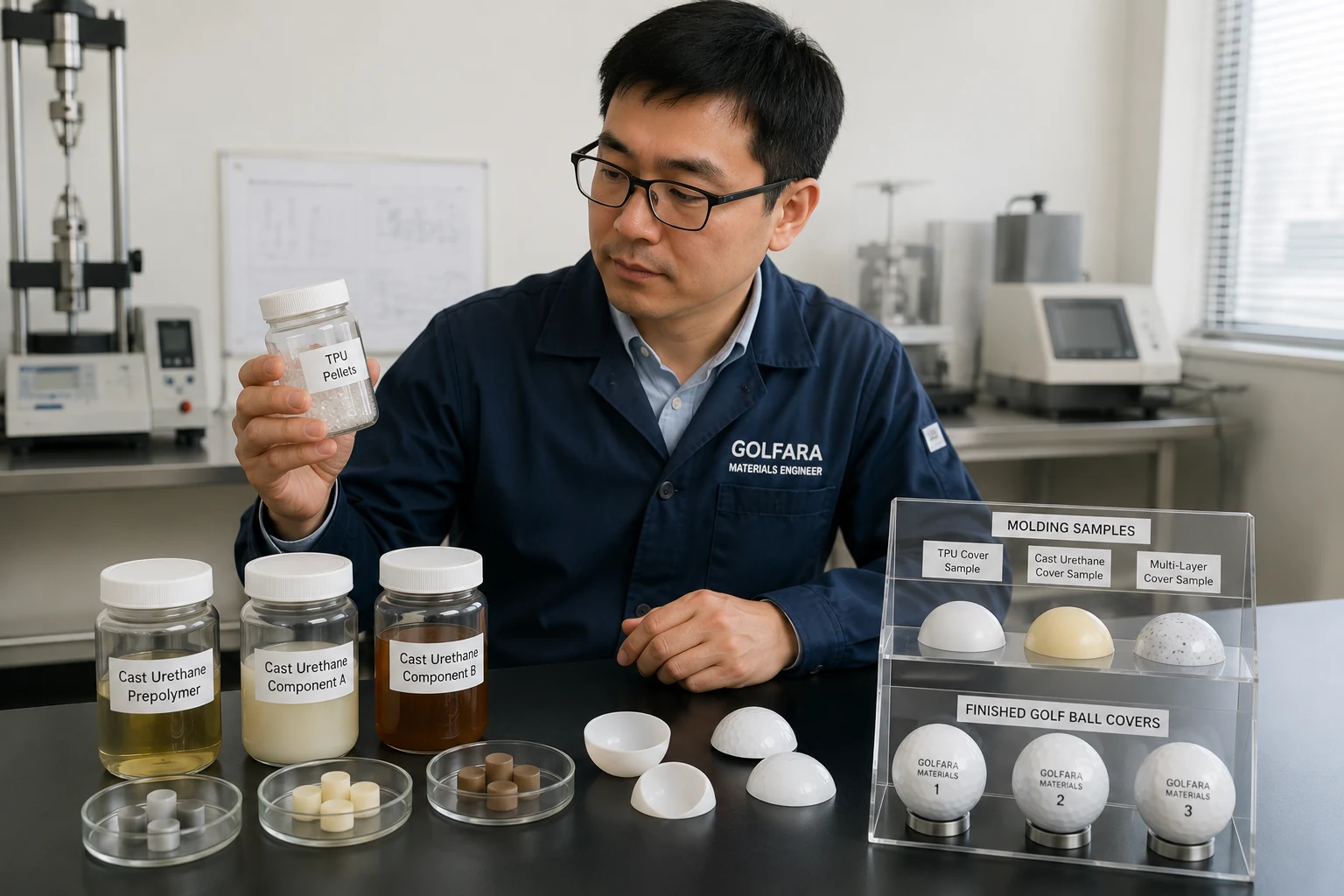 ゴルフボールカバー素材の比較・開発評価 材料研究室で技術者がTPUペレットとキャストウレタン原料を確認し、成形サンプルや完成したゴルフボールカバーを比較して外層素材の性能を評価する開発工程