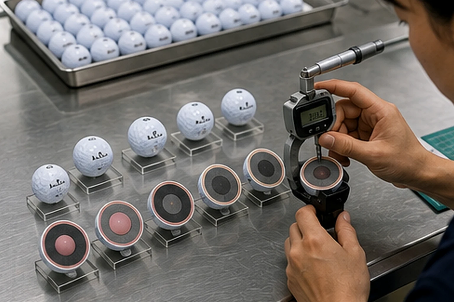 ゴルフボールOEMの層厚測定と品質検査 ゴルフボールOEM工場の品質検査室で担当者が断面サンプルを測定器で確認し、カバーやコアなど各層の厚さと構造が仕様に適合しているか検査する工程