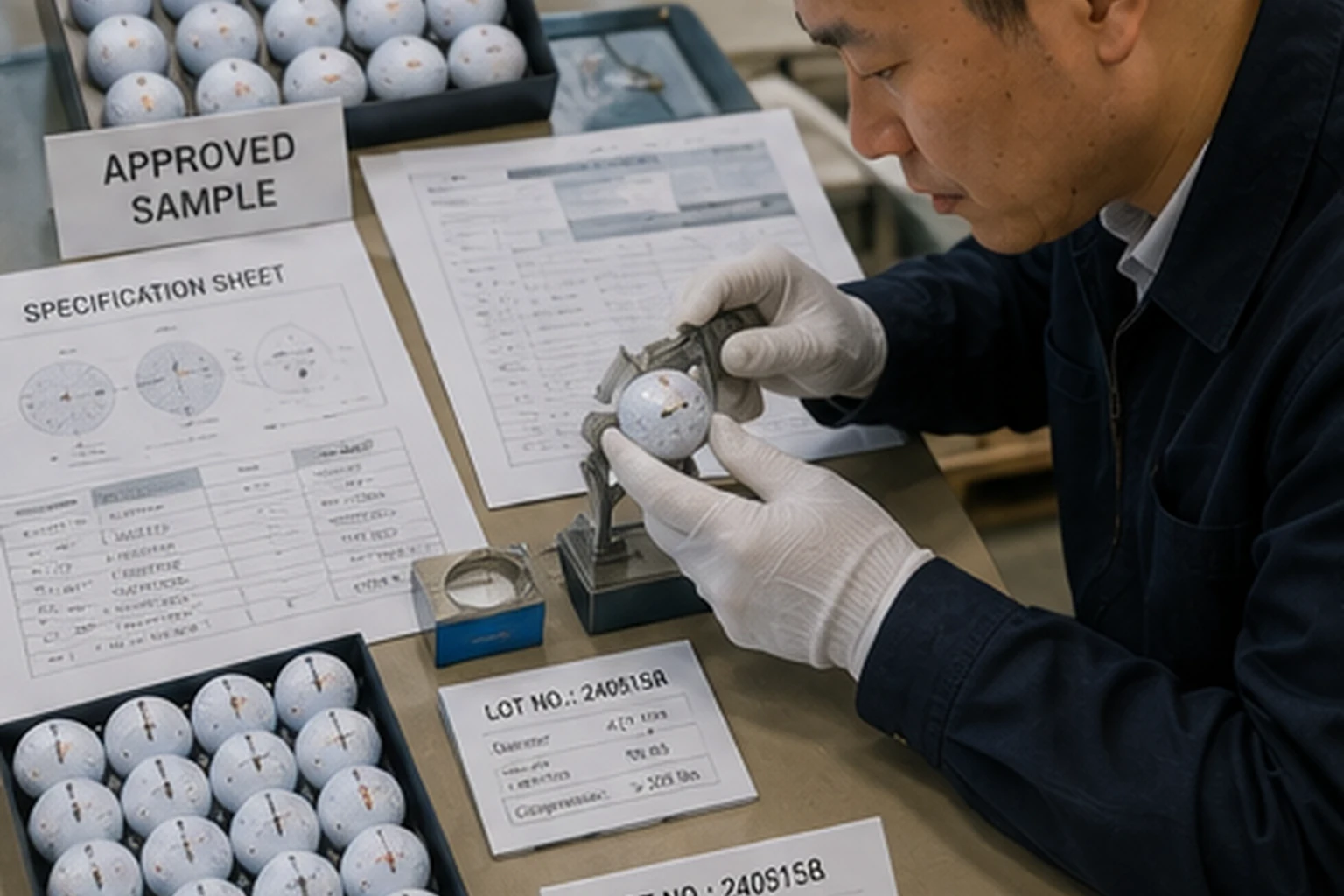 ゴルフボールOEMの承認サンプル・ロット検査 ゴルフボールOEM工場の品質検査工程で担当者が承認サンプルと仕様書を基準に、量産ロットのボール径や外観を測定・照合し、規格適合を確認する検品作業