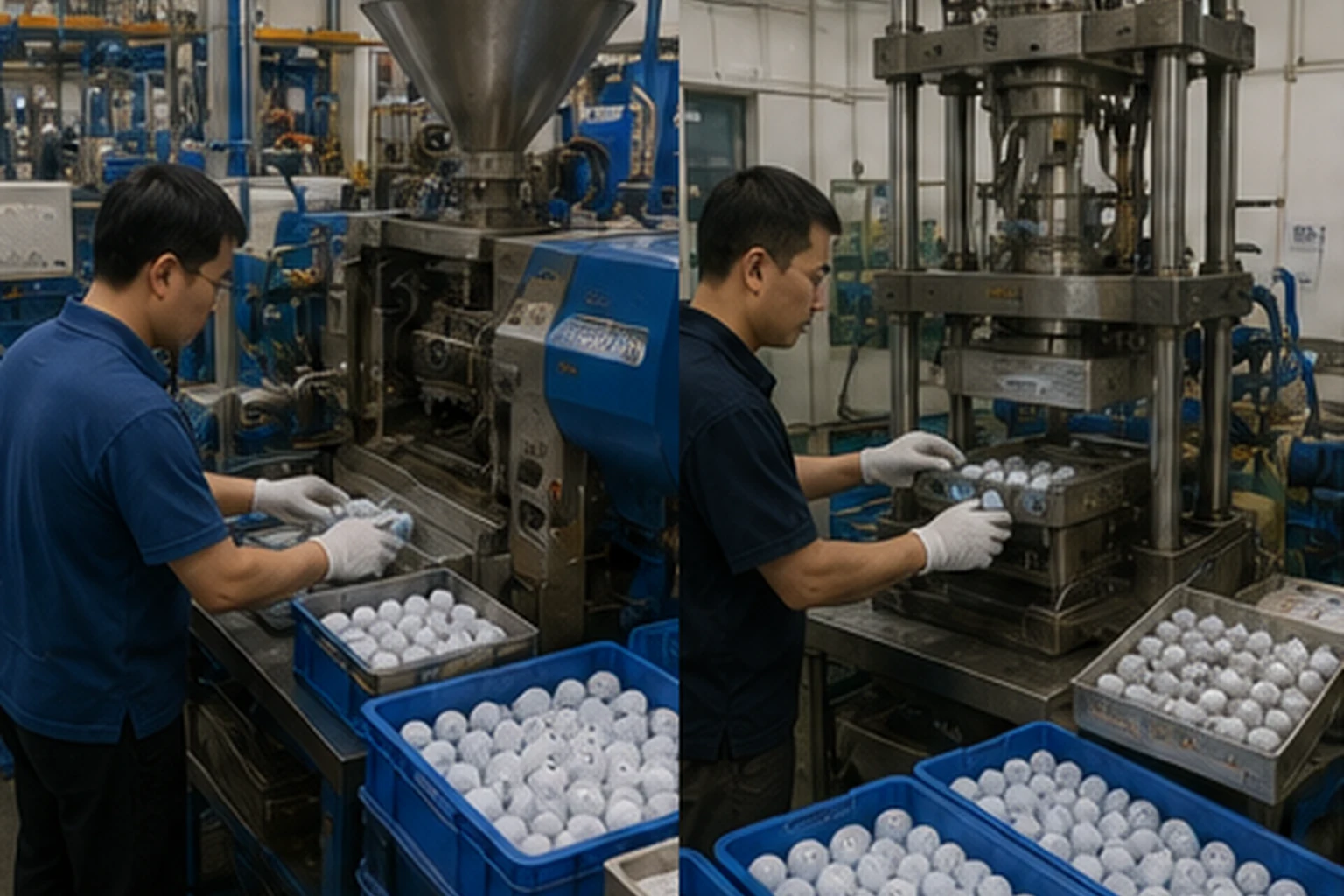 ゴルフボールOEM工場の成形・量産ライン工程 ゴルフボールOEM工場の成形工程で作業員が大型成形機を操作し、成形後のボールを回収・確認しながら、量産ラインで寸法や外観の安定した品質を維持する製造作業