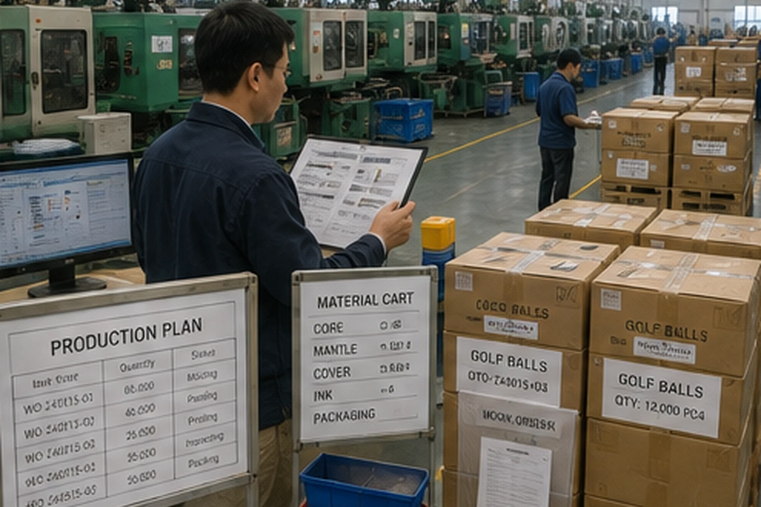 ゴルフボールOEMの生産計画・材料管理 ゴルフボールOEM工場の生産管理エリアで担当者が生産計画と材料在庫、梱包済み製品の数量を照合し、各工程の進捗と出荷準備状況を確認する管理作業