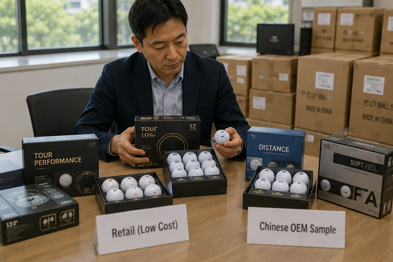 ゴルフボールOEMの市販品・サンプル比較 法人向けゴルフボールOEMの比較検討で担当者が市販品と中国OEMサンプルのボールやパッケージを並べ、価格帯や仕様、包装構成を確認する商談準備シーン