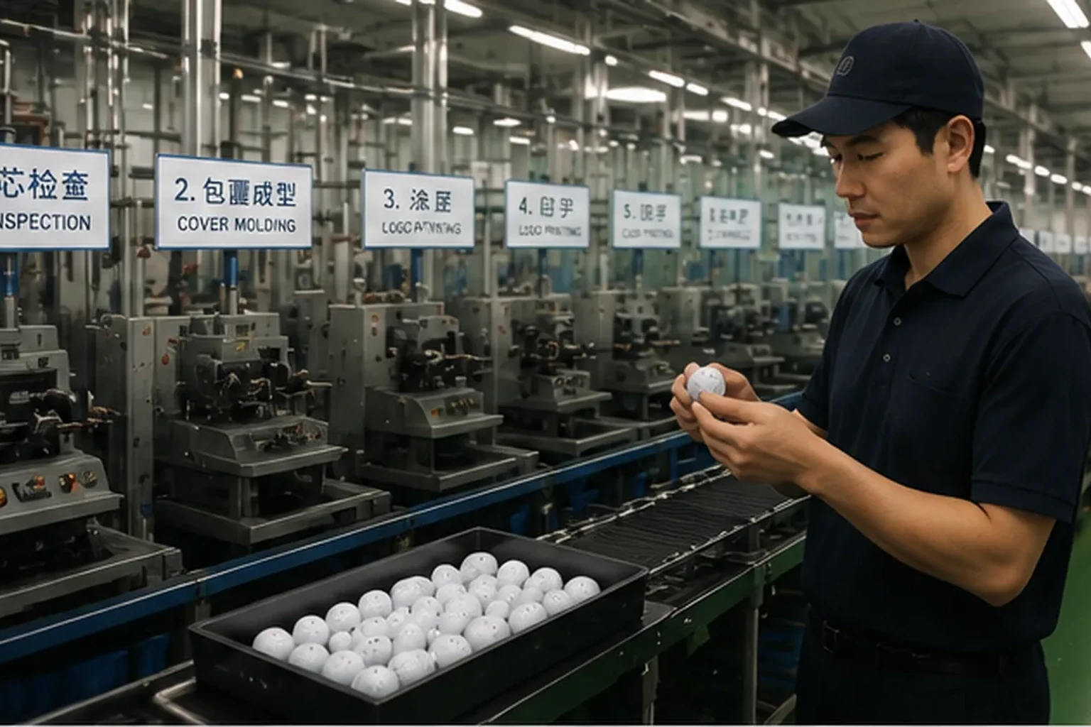 ゴルフボール量産ラインの工程内品質検査 ゴルフボール工場の量産ラインで作業員が成形後のボールを手に取り、カバー成形・塗装・ロゴ印刷を経た外観や表面状態を確認する工程内品質検査
