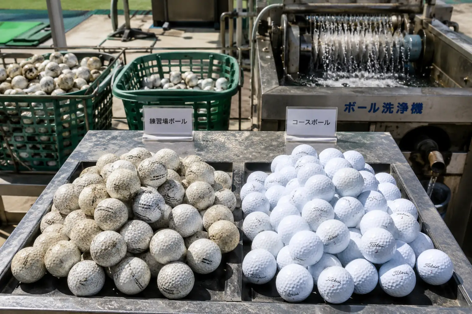 練習場ボールとコースボールの洗浄・仕分け工程 ゴルフ練習場のボール洗浄設備で、汚れた練習場ボールと洗浄後のコースボールを仕分けし、表面状態や清潔度を確認して再利用に備える日常メンテナンス工程