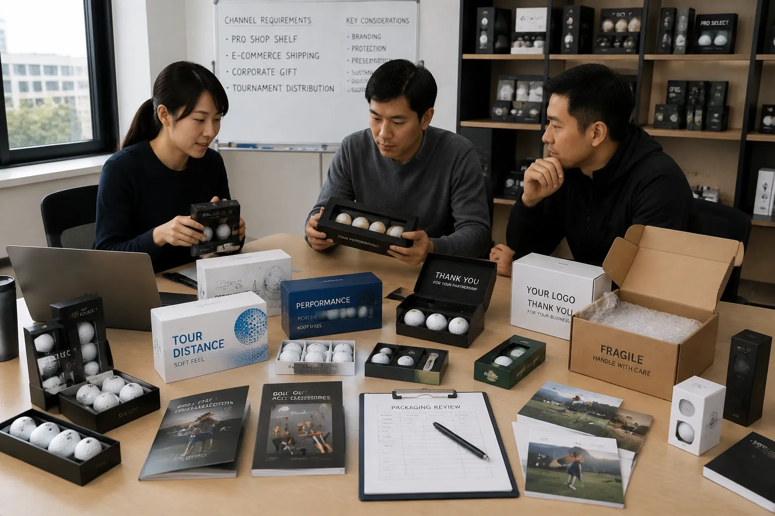 OEMゴルフボールの販路別包装仕様評価 オフィスで担当者3名がOEMゴルフボールの箱やスリーブ、通販用梱包を比較し、プロショップ販売・通販配送・法人ギフト・大会配布に適した包装仕様を評価する会議