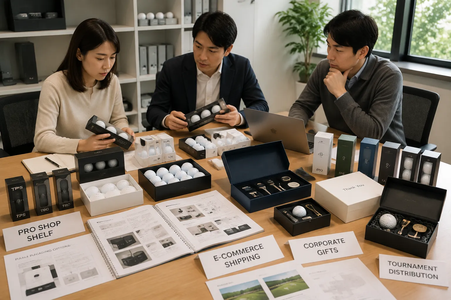OEMゴルフボールの販路別包装選定会議 オフィスで担当者3名がOEMゴルフボールのスリーブ箱やギフトセットを比較し、プロショップ販売・通販配送・法人向け贈答・大会配布に適した包装仕様を選定する商品企画会議