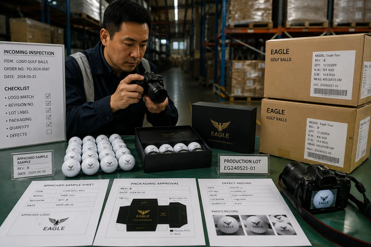 OEMゴルフボールの受入・ロゴ品質検査 倉庫の受入検査で担当者がOEMゴルフボールを撮影し、承認サンプルや包装仕様、ロット表示と照合してロゴ印刷のずれや外観不良を記録する品質確認工程