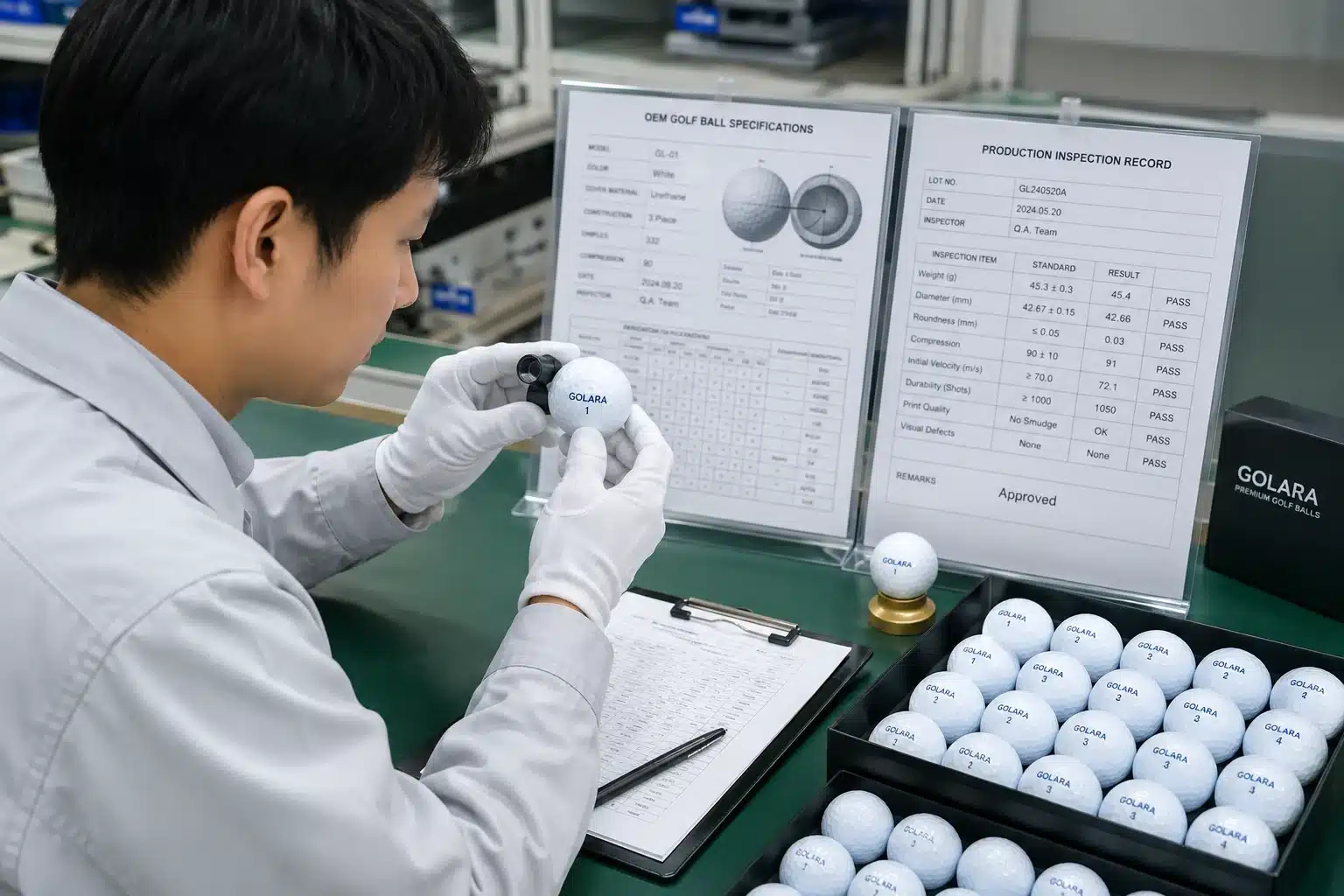 OEMゴルフボールのロゴ印刷品質検査 ゴルフボール工場の検査担当者が拡大鏡でOEMゴルフボールのロゴ印刷と表面状態を確認し、製品仕様書と生産検査記録に基づいて品質を判定する最終検査工程