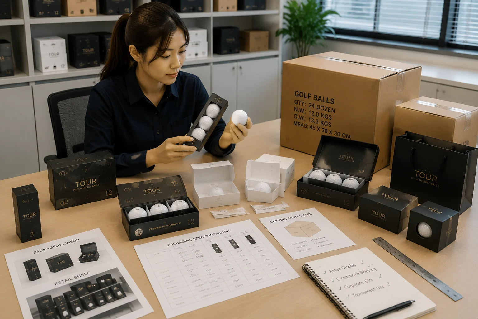 OEMゴルフボールの包装仕様・出荷条件比較 オフィスで担当者がOEMゴルフボールのスリーブ箱、12個入り箱、ギフト包装、輸送用カートンを比較し、小売・通販・法人贈答・大会配布に適した包装仕様と出荷条件を確認する工程