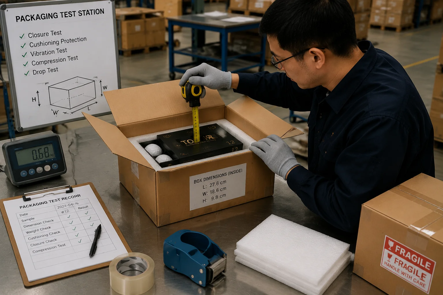 OEMゴルフボール包装の輸送耐久試験 ゴルフボール工場の包装試験工程で担当者が輸送箱の内寸と緩衝材を確認し、密閉・振動・圧縮・落下試験の記録と照合してOEM包装の輸送保護性能を評価する作業
