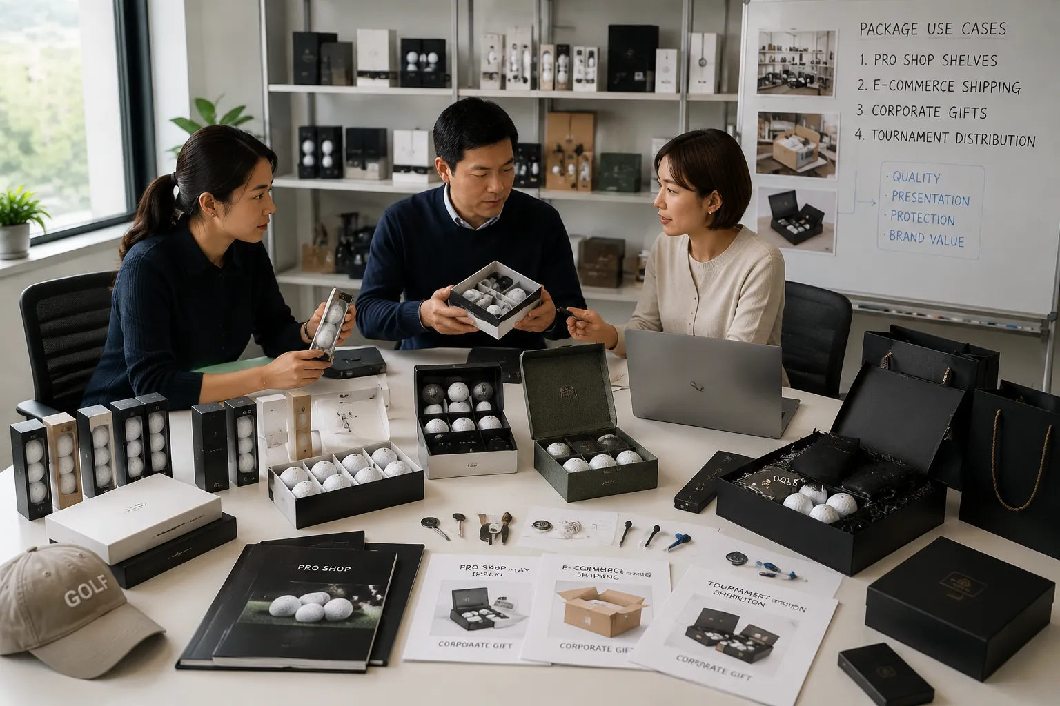 OEMゴルフボールの用途別包装・販売提案 オフィスで担当者3名がOEMゴルフボールのスリーブ箱やギフト箱を比較し、プロショップ陳列・通販配送・法人贈答・大会配布に適した包装仕様を検討する商品企画会議