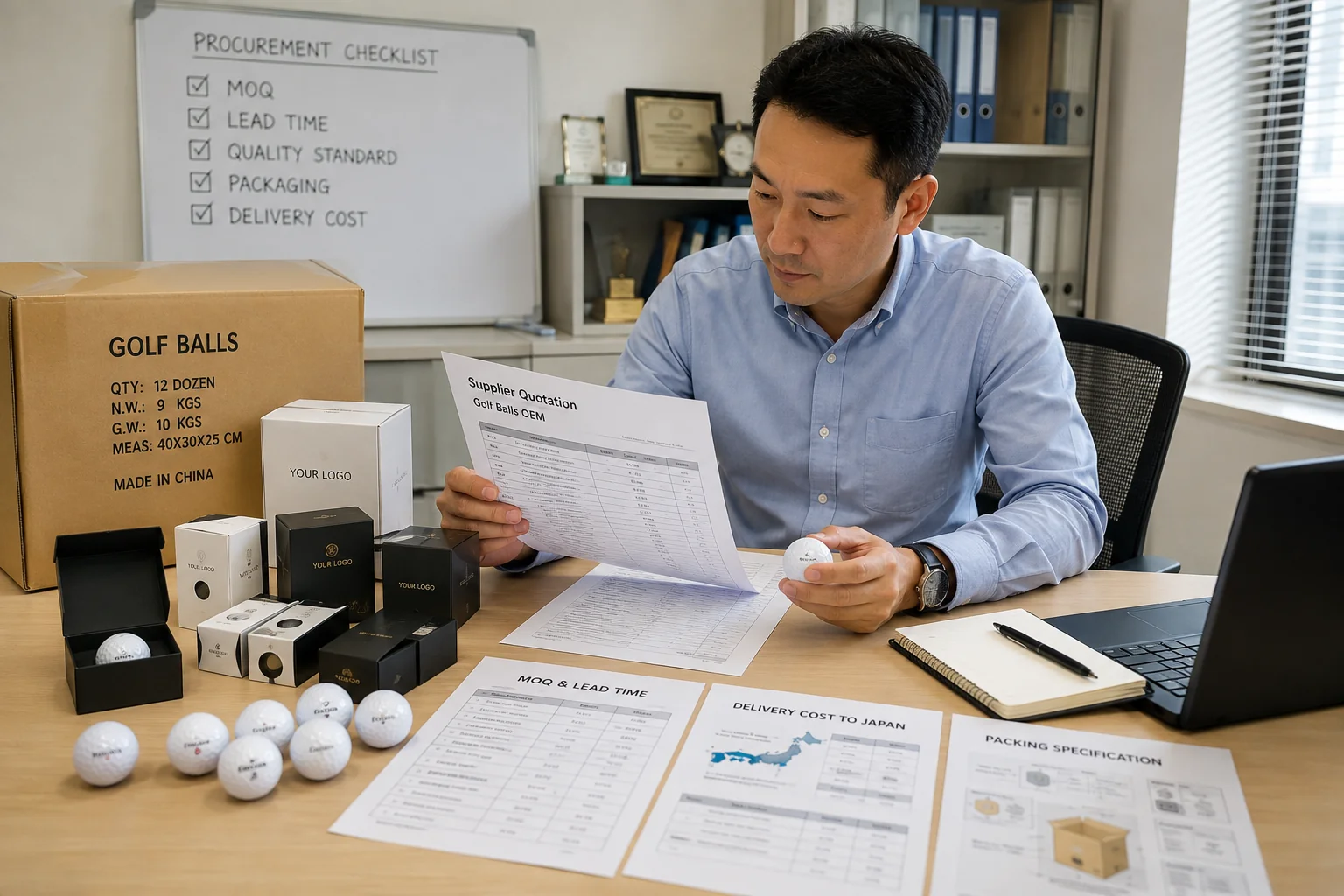 OEMゴルフボールの見積・調達条件比較 オフィスで調達担当者がOEMゴルフボールの見積書と製品サンプルを確認し、最小発注数量・納期・品質基準・包装仕様・日本向け配送費を比較して仕入れ条件を精査する場面