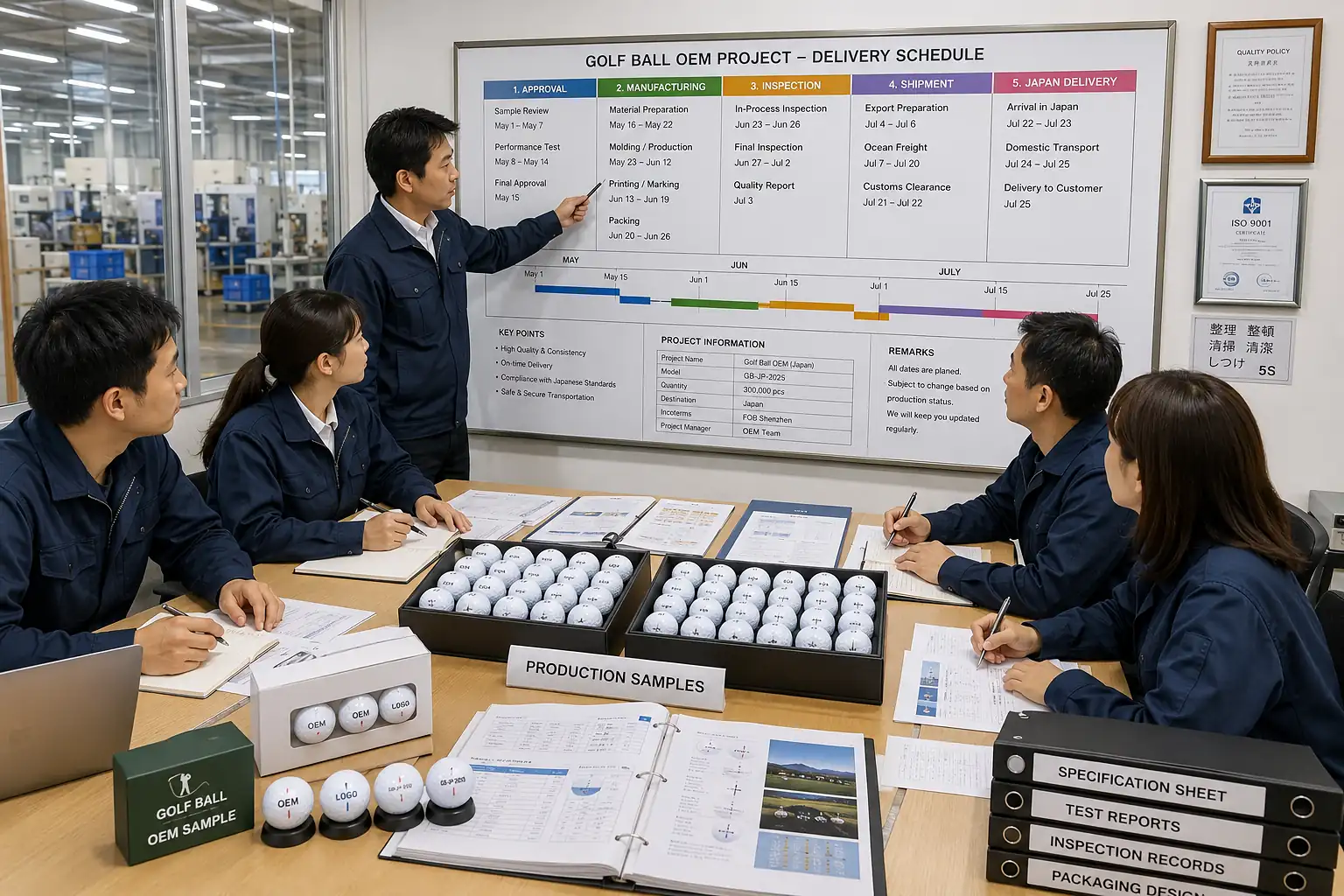 OEMゴルフボールの生産・納品スケジュール管理 ゴルフボール工場の会議室で担当者がOEMプロジェクトの承認・製造・検査・出荷・日本納品までの工程表を確認し、生産サンプルと仕様書を基に納期を管理する打ち合わせ