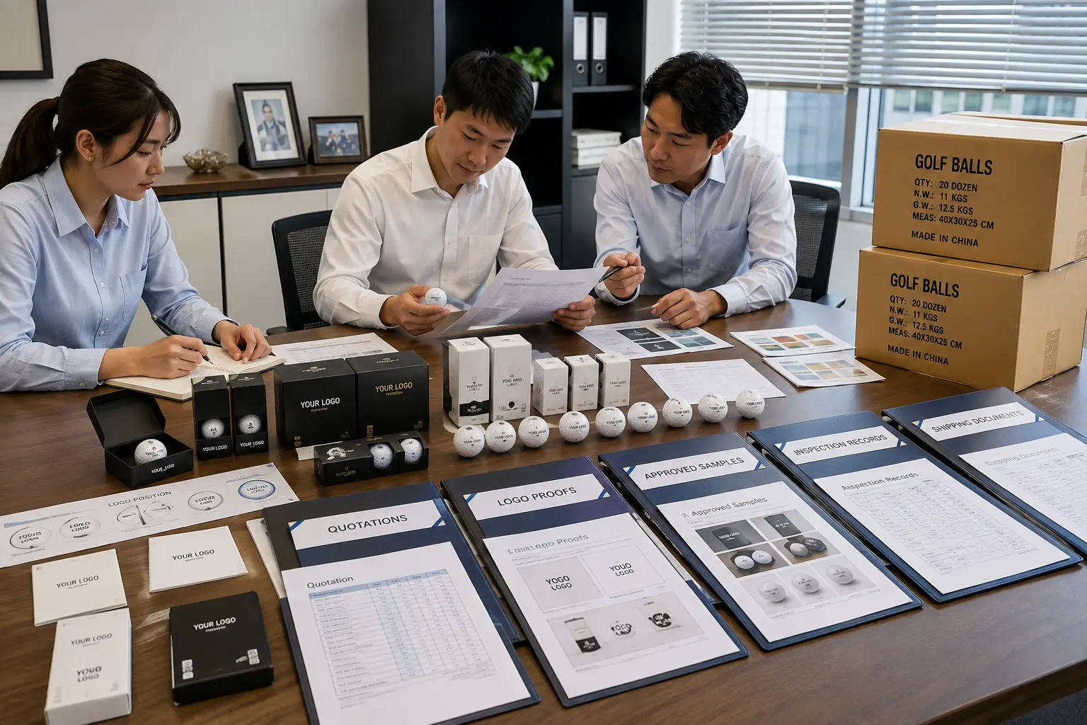 OEMゴルフボールの量産・出荷書類確認 オフィスで担当者3名が中国工場製のOEMゴルフボール、ロゴ校正、承認サンプル、検査記録、出荷書類を照合し、包装仕様と量産・納品条件を確認する最終打ち合わせ