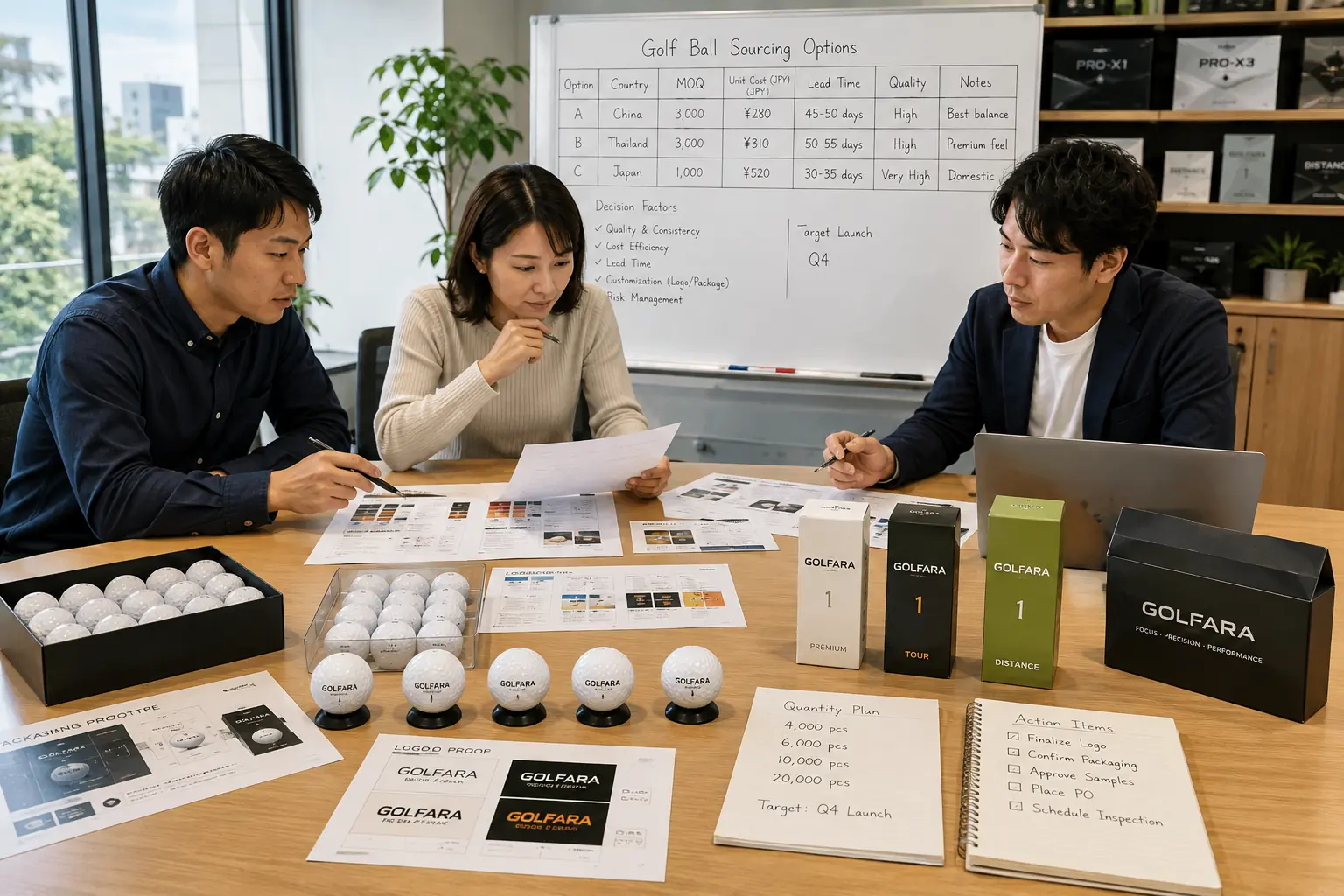 OEMゴルフボールの調達条件・商品化比較会議 オフィスで担当者が中国・タイ・日本のOEMゴルフボール調達条件を比較し、試作球やロゴ校正、包装案、発注数量を確認して仕入れ先と商品化計画を検討する会議