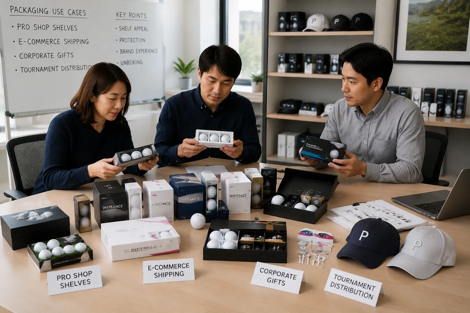 OEMゴルフボールの用途別包装比較会議 オフィスで担当者3名がOEMゴルフボールの箱やスリーブ、ギフトセットを手に取り、プロショップ販売・通販配送・法人贈答・大会配布向けの包装仕様を比較検討する商品企画会議