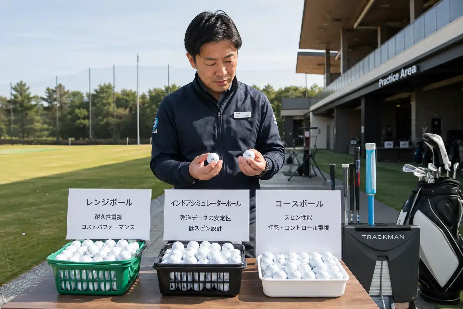 用途別ゴルフボール3種類の性能比較 ゴルフ練習場で担当者がレンジボール、インドアシミュレーター用ボール、コースボールを手に取り、耐久性・弾道安定性・スピン性能の違いを比較する選定風景