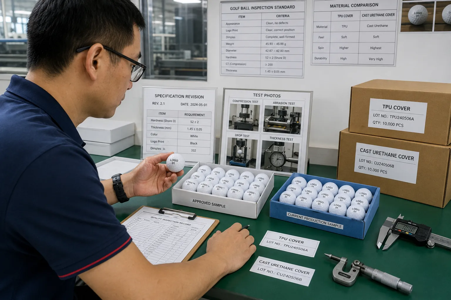 TPU・キャストウレタン球のロット品質検査 品質検査室で担当者がTPUカバー球とキャストウレタンカバー球を承認サンプルと照合し、硬度・厚さ・外観・ロゴ印刷を確認して生産ロットの品質を判定する工程