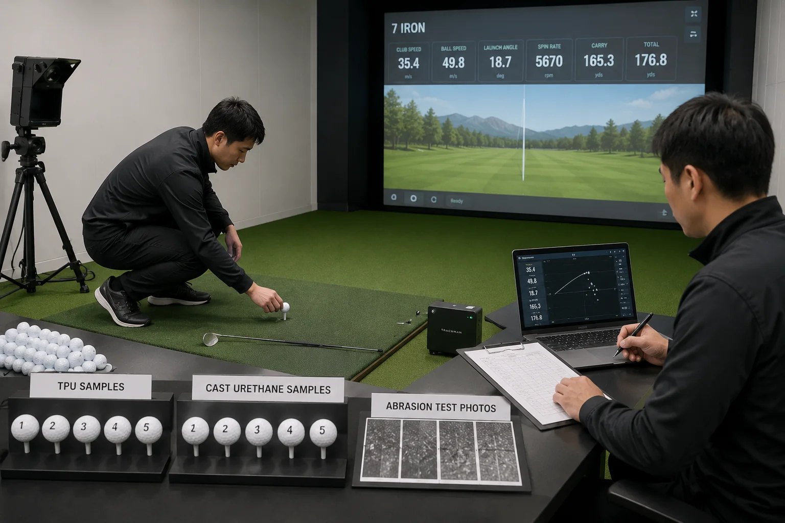 TPU・キャストウレタン球の性能比較試験 インドアゴルフ施設で担当者がTPUカバー球とキャストウレタン球を7番アイアンで試打し、弾道データと摩耗試験結果を記録して性能と耐久性を比較する評価工程